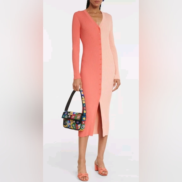 Staud Shoko Colorblock Bittersweet peach button up sweater dress size small - Picture 3 of 13